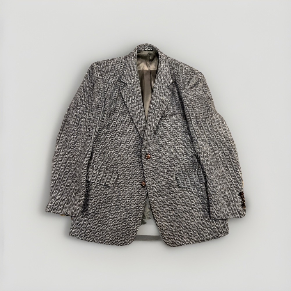 VTG Harris Tweed Blazer Men 40S Gray Herringbone Scottish Wool Jacket Sport Coat